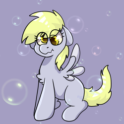 Size: 1440x1439 | Tagged: safe, artist:bluemoon, derpibooru original, character:derpy hooves, species:pegasus, species:pony, g4, blank flank, bubble, chest fluff, cute, derpabetes, eye clipping through hair, female, filly, floppy ears, foal, gray background, simple background, solo, spread wings, wide eyes, wings, young