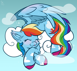Size: 1300x1200 | Tagged: safe, artist:starcasteclipse, character:rainbow dash, species:pegasus, species:pony, g4, blep, cheek fluff, cloud, coat markings, colored hooves, cute, dashabetes, ear fluff, eyes closed, female, hooves, mare, on a cloud, partially open wings, sleeping, sleeping on a cloud, solo, tongue out, unshorn fetlocks, wings