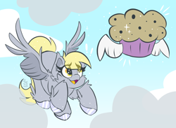 Size: 1500x1100 | Tagged: safe, artist:starcasteclipse, character:derpy hooves, species:pegasus, species:pony, g4, cheek fluff, cloud, colored hooves, cute, derpabetes, eye clipping through hair, female, flying, food, freckles, hooves, mare, muffin, open mouth, open smile, sky, smiling, solo, winged muffin, wings