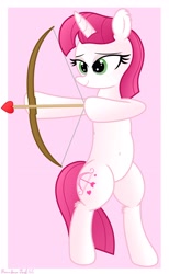 Size: 2476x4008 | Tagged: safe, artist:rainbowšpekgs, character:lovestruck, species:pony, species:unicorn, g4, aiming, arrow, belly button, bipedal, bow (weapon), bow and arrow, cutie mark, ear fluff, explicit source, eyebrows, eyelashes, female, heart, hearts and hooves, holiday, hoof hold, horn, mare, pink background, simple background, smiling, solo, tail, valentine's day, weapon