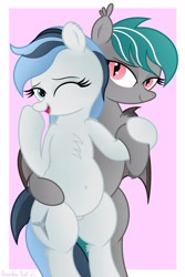 Size: 2650x3976 | Tagged: safe, artist:rainbowšpekgs, oc, oc only, species:bat pony, species:pony, bat wings, birthday gift, chest fluff, cute, cutie mark, duo, duo male and female, eyebrows, eyelashes, gift art, ocbetes, one eye closed, open mouth, pink background, simple background, smiling, wings