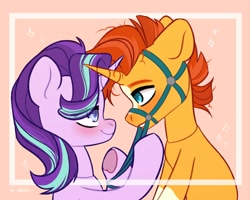Size: 2500x2000 | Tagged: safe, artist:shelti, character:starlight glimmer, character:sunburst, species:pony, species:unicorn, ship:starburst, g4, bridle, colored eyebrows, colored pupils, eye clipping through hair, eyebrows, female, heart, heart eyes, looking at each other, looking at someone, male, mare, messy mane, shipping, signature, simple background, stallion, straight, tack, underhoof, wingding eyes