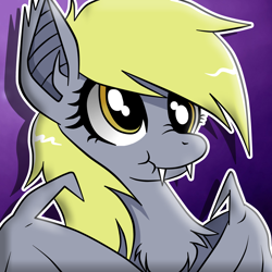 Size: 3000x3000 | Tagged: safe, artist:taartje123, character:derpy hooves, species:bat pony, species:pony, g4, bat ears, bat ponified, bust, chest fluff, cute, derpabetes, derpybat, ear tufts, fangs, female, gradient background, high res, mare, nose wrinkle, race swap, scrunchy face, sharp teeth, smiling, solo, spread wings, wings