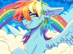 Size: 2048x1535 | Tagged: safe, artist:_rament, character:rainbow dash, species:pegasus, species:pony, g4, blushing, cloud, cute, dashabetes, ear fluff, eyebrows, female, floppy ears, grin, gritted teeth, looking at you, mare, on a cloud, rainbow, signature, sky, smiling, smiling at you, smirk, solo, sparkles, spread wings, teeth, wings