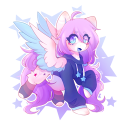 Size: 2048x2048 | Tagged: safe, artist:strawberryc208, oc, oc only, oc:strawberryc-208, species:pegasus, species:pony, beanbrows, clothing, colored wings, cute, eye clipping through hair, eyebrows, eyebrows visible through hair, female, high res, hoodie, looking at you, mare, ocbetes, open mouth, pegasus oc, signature, socks, solo, spread wings, starry eyes, stars, wingding eyes, wings