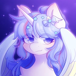 Size: 2048x2048 | Tagged: safe, artist:strawberryc208, oc, oc only, species:alicorn, species:pony, alicorn oc, bow, eye clipping through hair, eyebrows, eyebrows visible through hair, female, hair bow, high res, horn, looking at you, mare, partially open wings, signature, smiling, smiling at you, solo, wings