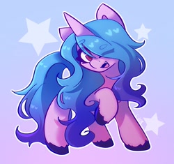 Size: 2047x1923 | Tagged: safe, artist:strawberryc208, character:izzy moonbow, species:pony, species:unicorn, g5, beanbrows, cute, eye clipping through hair, eyebrows, eyebrows visible through hair, female, gradient hair, hair over one eye, izzybetes, looking at you, mare, multicolored hair, one eye closed, open mouth, raised hoof, signature, solo, stars, wink, winking at you