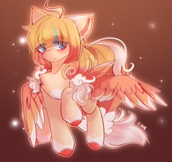 Size: 1776x1670 | Tagged: safe, artist:strawberryc208, oc, oc only, species:pegasus, species:pony, colored wingtips, eye clipping through hair, eyebrows, eyebrows visible through hair, female, gradient background, looking at you, mare, multicolored wings, pegasus oc, raised hoof, signature, solo, sparkles, wings