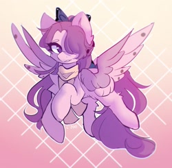 Size: 1675x1640 | Tagged: safe, artist:strawberryc208, oc, oc only, species:pegasus, species:pony, abstract background, bow, clothing, female, gradient background, hair bow, hair over one eye, looking at you, mare, pegasus oc, scarf, signature, solo, spread wings, wings