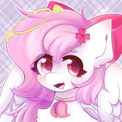 Size: 2048x2048 | Tagged: safe, artist:strawberryc208, oc, oc only, species:pegasus, species:pony, abstract background, collar, eyebrows, eyebrows visible through hair, female, high res, looking at you, mare, open mouth, partially open wings, pegasus oc, signature, solo, wings