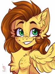 Size: 1200x1600 | Tagged: safe, artist:falafeljake, oc, oc only, oc:yuris, species:pegasus, species:pony, chest fluff, cute, ear fluff, eyebrows, female, freckles, grin, mare, ocbetes, pegasus oc, signature, simple background, smiling, solo, white background, wings