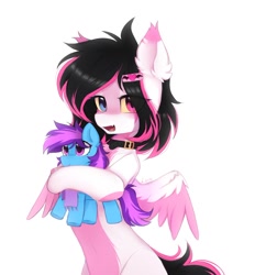 Size: 1258x1357 | Tagged: safe, artist:lerkfruitbat, oc, oc only, oc:lunylin, oc:nohra, species:pegasus, species:pony, collar, ear fluff, female, heterochromia, holding, looking at you, mare, open mouth, pegasus oc, plushie, pony plushie, signature, simple background, solo, spread wings, toy, white background, wings