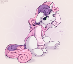 Size: 2837x2481 | Tagged: safe, artist:trickate, derpibooru original, character:sweetie belle, species:pony, species:unicorn, g4, cheek fluff, clothing, cute, diasweetes, eyebrows, eyebrows visible through hair, female, filly, floppy ears, foal, heart, heart eyes, hoodie, one eye closed, onomatopoeia, signature, simple background, sitting, sleeping, sleepy, solo, sound effects, teary eyes, three quarter view, underhoof, waking up, wingding eyes, wiping tears, young, zzz
