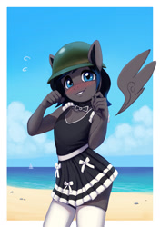 Size: 1500x2128 | Tagged: safe, artist:mrscroup, oc, oc only, oc:boreal bloom, species:anthro, species:pegasus, g4, anthro oc, beach, blushing, clothing, cute, dress, femboy, floating wings, helmet, looking at you, male, ocbetes, outdoors, pegasus oc, solo, stallion, stockings, submissive, thigh highs, wings, your character here
