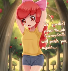 Size: 2362x2480 | Tagged: safe, artist:focusb, character:apple bloom, g4, my little pony:equestria girls, apple family member, clothing, dialogue, female, high res, human coloration, implied granny smith, shorts, solo, talking to viewer