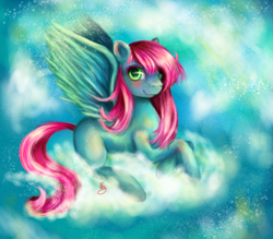 Size: 1514x1327 | Tagged: safe, artist:lizzyrascal, oc, oc only, oc:jade, species:pegasus, species:pony, g4, art trade, cloud, cloudy, cute, digital art, female, hair over one eye, mare, ocbetes, on a cloud, pegasus oc, solo, spread wings, three quarter view, wings