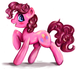 Size: 1171x1036 | Tagged: safe, artist:lizzyrascal, character:pinkie pie, species:earth pony, species:pony, g4, cute, diapinkes, female, looking at you, mare, open mouth, profile, raised hoof, signature, simple background, solo, white background