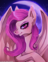 Size: 1400x1800 | Tagged: safe, artist:lizzyrascal, character:flutterbat, character:fluttershy, species:bat pony, species:pony, g4, bat ponified, crescent moon, female, lidded eyes, looking at you, mare, moon, night, race swap, smiling, solo, wings