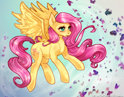 Size: 1530x1192 | Tagged: safe, artist:lizzyrascal, character:fluttershy, species:pegasus, species:pony, g4, butterfly, cute, digital art, female, flying, looking at you, mare, redraw, shyabetes, signature, solo, spread wings, three quarter view, wings