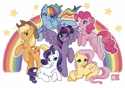 Size: 2048x1448 | Tagged: safe, artist:wormpuppet, character:applejack, character:fluttershy, character:pinkie pie, character:rainbow dash, character:rarity, character:twilight sparkle, character:twilight sparkle (alicorn), species:alicorn, species:earth pony, species:pegasus, species:pony, species:unicorn, g4, apple family member, applejack's hat, clothing, cowboy hat, female, flying, folded wings, hat, horn, looking at you, mane six, mare, one eye closed, rainbow, raised hoof, sextet, signature, simple background, smiling, smiling at you, spread wings, stars, stetson, white background, wings, wink