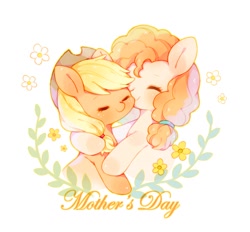 Size: 950x880 | Tagged: safe, artist:yinyan_0409, character:applejack, character:pear butter, species:earth pony, species:pony, g4, apple family member, applejack's hat, clothing, cowboy hat, cute, daughter, duo, eyes closed, female, flower, hat, holiday, hug, jackabetes, mare, mother, mother and child, mother and daughter, mother's day, parent and child, pearabetes, simple background, smiling, stetson, white background