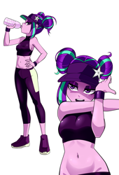 Size: 1500x2200 | Tagged: safe, artist:nekojackun, character:aria blaze, g4, my little pony:equestria girls, alternate hairstyle, clothing, drink, drinking, female, hair bun, hat, pants, solo, sports outfit, visor, water bottle