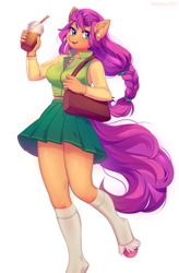 Size: 856x1302 | Tagged: safe, artist:margony, character:sunny starscout, species:anthro, species:earth pony, species:unguligrade anthro, g5, bag, braid, clothing, colored hooves, digital art, drink, female, handbag, heart, heart eyes, hooves, leggings, looking at you, mare, open mouth, open smile, purse, raised hand, shirt, simple background, skirt, sleeveless, sleeveless shirt, smiling, smoothie, solo, that pony sure does love smoothies, thighs, thunder thighs, unshorn fetlocks, white background, wingding eyes