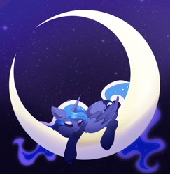 Size: 1534x1580 | Tagged: safe, artist:cinnamon_tee, character:princess luna, species:alicorn, species:pony, g4, crescent moon, eyes closed, female, folded wings, horn, mare, moon, night, night sky, sky, sleeping, sleeping on moon, solo, stars, transparent moon, wings