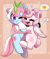 Size: 2845x3386 | Tagged: safe, artist:sakukitty, oc, oc only, oc:saku, species:alicorn, species:pony, alicorn oc, cute, duo, duo female, eyes closed, female, folded wings, high res, horn, hug, mare, ocbetes, one eye closed, open mouth, smiling, thought bubble, wings