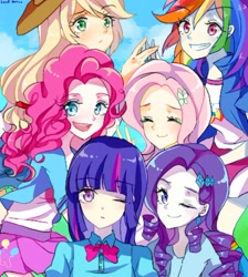 Size: 560x625 | Tagged: dead source, safe, artist:-leafballoon-, character:applejack, character:fluttershy, character:pinkie pie, character:rainbow dash, character:rarity, character:sunset shimmer, character:twilight sparkle, g4, my little pony:equestria girls, adorable face, aesthetic, anime, apple family member, butterfly, cute, diamond, gem, hairpin, humane six, looking at you, one eye closed, regalia, wink