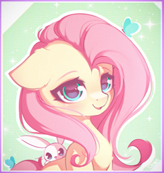 Size: 1539x1625 | Tagged: safe, artist:stahlkat, character:angel bunny, character:fluttershy, species:pegasus, species:pony, species:rabbit, g4, abstract background, butterfly, colored eyebrows, cute, duo, female, floppy ears, half body, looking at you, mare, open mouth, open smile, peeking, shyabetes, signature, smiling, smiling at you, wingless