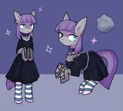 Size: 2015x1829 | Tagged: safe, artist:catpix, character:maud pie, species:earth pony, species:pony, g4, bipedal, clothing, collar, dress, fashion, female, goth, looking at you, mare, rock, simple background, socks, solo, sparkles, striped socks, three quarter view