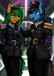 Size: 2551x3583 | Tagged: safe, artist:pridark, oc, oc only, species:anthro, species:bat pony, species:pony, bat pony oc, clothing, commission, duo, high res, male, open mouth, uniform