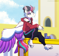 Size: 1600x1514 | Tagged: safe, artist:inuhoshi-to-darkpen, character:zipp storm, species:anthro, species:pegasus, species:unguligrade anthro, g5, alone, can, cheek fluff, clothing, colored hooves, colored wings, ear fluff, earbuds, female, fluffy, hat, hoodie, hooves, jewelry, leg fluff, mare, multicolored wings, pants, phone, ring, signature, sitting, solo, tail, tail feathers, unshorn fetlocks, wing fluff, wings, zephyr heights