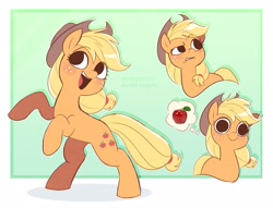 Size: 2677x2042 | Tagged: safe, artist:syrupyyy, character:applejack, species:earth pony, species:pony, g4, apple, apple family member, applejack's hat, clothing, cowboy hat, cute, female, food, freckles, hat, high res, jackabetes, mare, no catchlights, open mouth, open smile, smiling, solo, stare, stetson, thought bubble, thousand yard stare