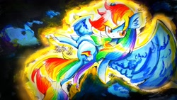 Size: 1920x1080 | Tagged: safe, artist:applejack_yokai, character:rainbow dash, species:pegasus, species:pony, g4, female, lying down, mare, on back, solo, spread wings, traditional art, wings