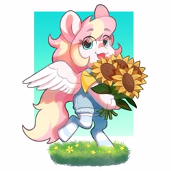 Size: 3000x3000 | Tagged: safe, artist:scarfurry, oc, oc only, oc:ninny, species:pegasus, clothing, cute, eye clipping through hair, eyebrows, eyebrows visible through hair, female, flower, grass, high res, holding, looking at you, ocbetes, open mouth, open smile, semi-anthro, smiling, smiling at you, socks, solo, spread wings, striped socks, sunflower, wings