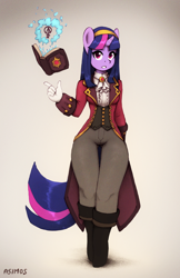 Size: 1276x1965 | Tagged: safe, artist:asimos, character:twilight sparkle, character:twilight sparkle (unicorn), species:anthro, species:unicorn, g4, book, clothing, fantasy, fantasy class, female, glowing horn, levitation, looking at you, magic, mare, pants, signature, simple background, solo, spellbook, telekinesis