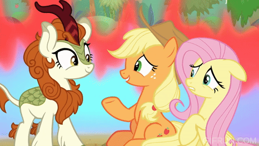 Size: 520x293 | Tagged: safe, screencap, character:applejack, character:autumn blaze, character:fluttershy, species:earth pony, species:kirin, species:pegasus, species:pony, episode:sounds of silence, g4, my little pony: friendship is magic, animated, apple family member, blowing, clothing, cloven hooves, cowboy hat, cute, ears back, female, fire, grin, gritted teeth, hat, hooves, leonine tail, mare, oops, smiling, tail, teeth, trio, trio female
