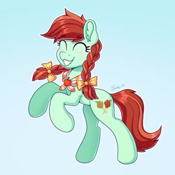 Size: 2480x2480 | Tagged: safe, alternate version, artist:dandy, character:candy apples, species:earth pony, species:pony, g4, apple family member, blue background, blushing, bow, braided pigtails, clothing, cute, cutie mark, ear fluff, eyebrows, eyebrows visible through hair, eyelashes, eyes closed, female, hair bow, mare, neckerchief, open mouth, rearing, simple background, solo, tail