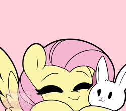 Size: 2048x1812 | Tagged: safe, artist:sakukitty, character:fluttershy, species:pegasus, species:pony, species:rabbit, g4, cute, duo, eyes closed, female, mare, pink background, shyabetes, signature, simple background, sleeping, smiling, spread wings, watermark, wings