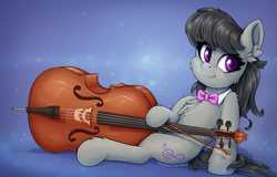 Size: 2185x1401 | Tagged: safe, artist:zeepheru_pone, character:octavia melody, species:earth pony, species:pony, g4, bow (instrument), bow tie, cello, cheek fluff, chest fluff, clothing, colored pupils, cute, ear fluff, female, fluffy, gradient background, leg fluff, looking at you, looking sideways, looking sideways at you, mare, musical instrument, signature, simple background, sitting, smiling, solo, tavibetes