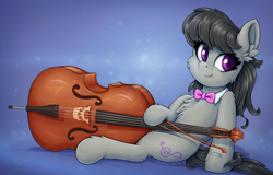 Size: 2185x1401 | Tagged: safe, alternate version, artist:zeepheru_pone, derpibooru original, character:octavia melody, species:earth pony, species:pony, g4, bow (instrument), bow tie, cello, cheek fluff, chest fluff, clothing, colored pupils, cute, double bass, ear fluff, female, fluffy, gradient background, leg fluff, looking at you, looking sideways, looking sideways at you, mare, musical instrument, signature, simple background, sitting, smiling, solo, tavibetes