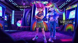 Size: 3887x2182 | Tagged: safe, artist:ichimoral, character:rainbow dash, character:scootaloo, g4, my little pony:equestria girls, arcade, arcade cabinet, clothing, commission, duo, high res, indoors, pants, shorts