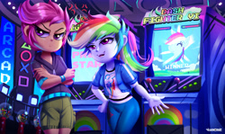 Size: 3671x2182 | Tagged: safe, artist:ichimoral, character:rainbow dash, character:scootaloo, species:human, g4, my little pony:equestria girls, arcade cabinet, clothing, commission, cross-popping veins, crossed arms, duo, duo female, emanata, female, high res, pants, scootaloo is not amused, shorts, unamused, vein, winner