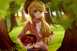 Size: 690x460 | Tagged: safe, artist:-leafballoon-, character:applejack, species:human, g4, apple, apple family member, basket, clothing, forest, hat, humanized, midriff, species swap