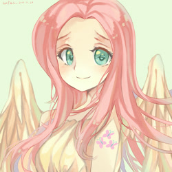 Size: 700x700 | Tagged: safe, artist:-leafballoon-, character:fluttershy, species:human, g4, clothing, cutie mark, cutie mark on clothes, green background, humanized, looking at you, simple background, species swap, wings