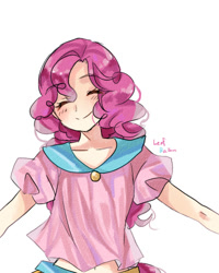 Size: 400x500 | Tagged: safe, artist:-leafballoon-, character:pinkie pie, species:human, g4, clothing, eyes closed, humanized, midriff, puffy sleeves, simple background, smiling, species swap, white background