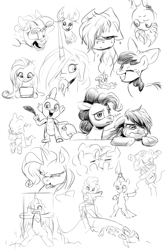Size: 1728x2592 | Tagged: safe, artist:raphaeldavid, character:apple bloom, character:applejack, character:cozy glow, character:discord, character:fluttershy, character:pinkie pie, character:princess celestia, character:rainbow dash, character:rarity, character:spike, character:thorax, character:twilight sparkle, character:twilight sparkle (alicorn), species:alicorn, species:draconequus, species:dragon, species:earth pony, species:pegasus, species:pony, species:unicorn, g4, apple family member, crying, grin, kissing, monochrome, one eye closed, simple background, sketch, sketch dump, smiling, wet, white background, wink