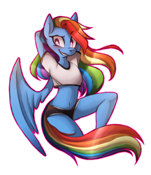Size: 1000x1158 | Tagged: safe, artist:zloi-wolk, character:rainbow dash, species:anthro, species:pegasus, g4, arm behind head, blushing, breasts, chillaxing, clothing, female, looking at you, mare, midriff, shorts, simple background, smiling, solo, sports shorts, white background, wings